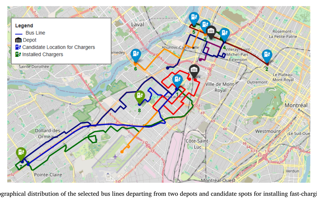 蒙特利尔案例线路、车场和候选快充站地理分布图。