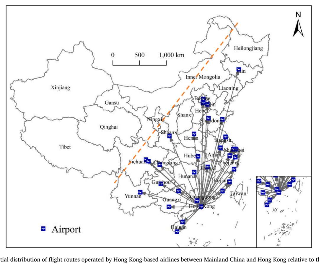 香港基地航司往返内地的航线空间分布
