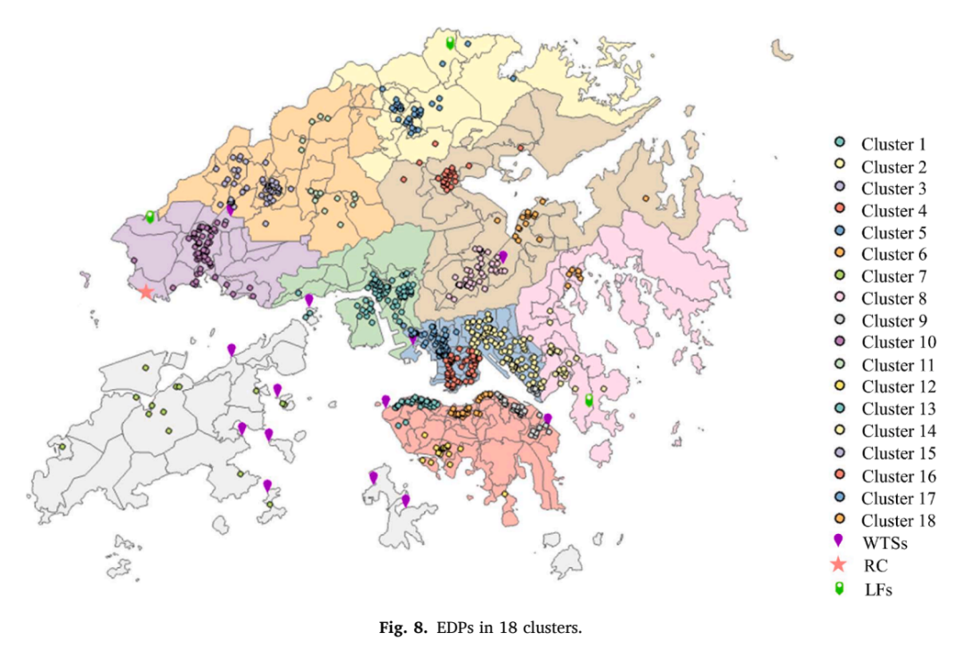 香港 EDP 聚类结果图,最终形成 18 个服务区