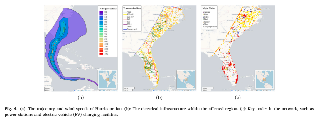 Hurricane Ian 路径、受影响电网基础设施和关键节点地图