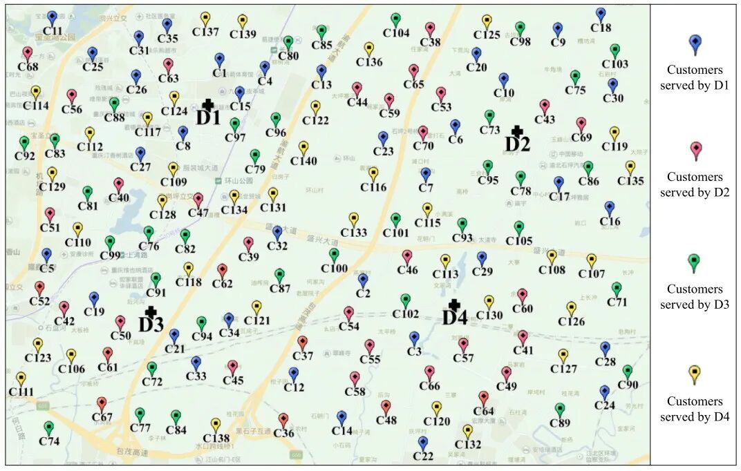 图7 客户分布与四个仓库位置（取自Fig.12）