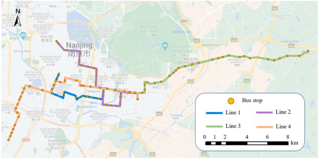 图2 南京四条电动公交线路示意（取自Fig.3）